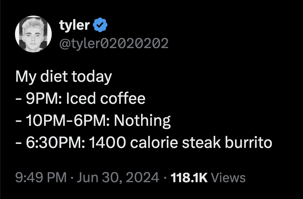 screenshot - tyler My diet today 9PM Iced coffee 10PM6PM Nothing Pm 1400 calorie steak burrito Views